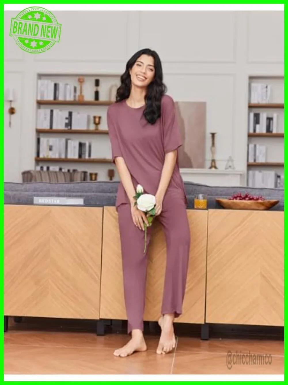 Women's Lounge Set Short Sleeve Top Long Pants 2 Piece Outfit with Pockets